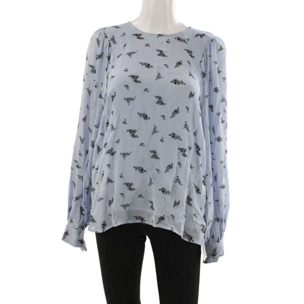 Ganni Women Tunic Blue Floral Viscose Long Sleeve Round Neck Zip Size 40